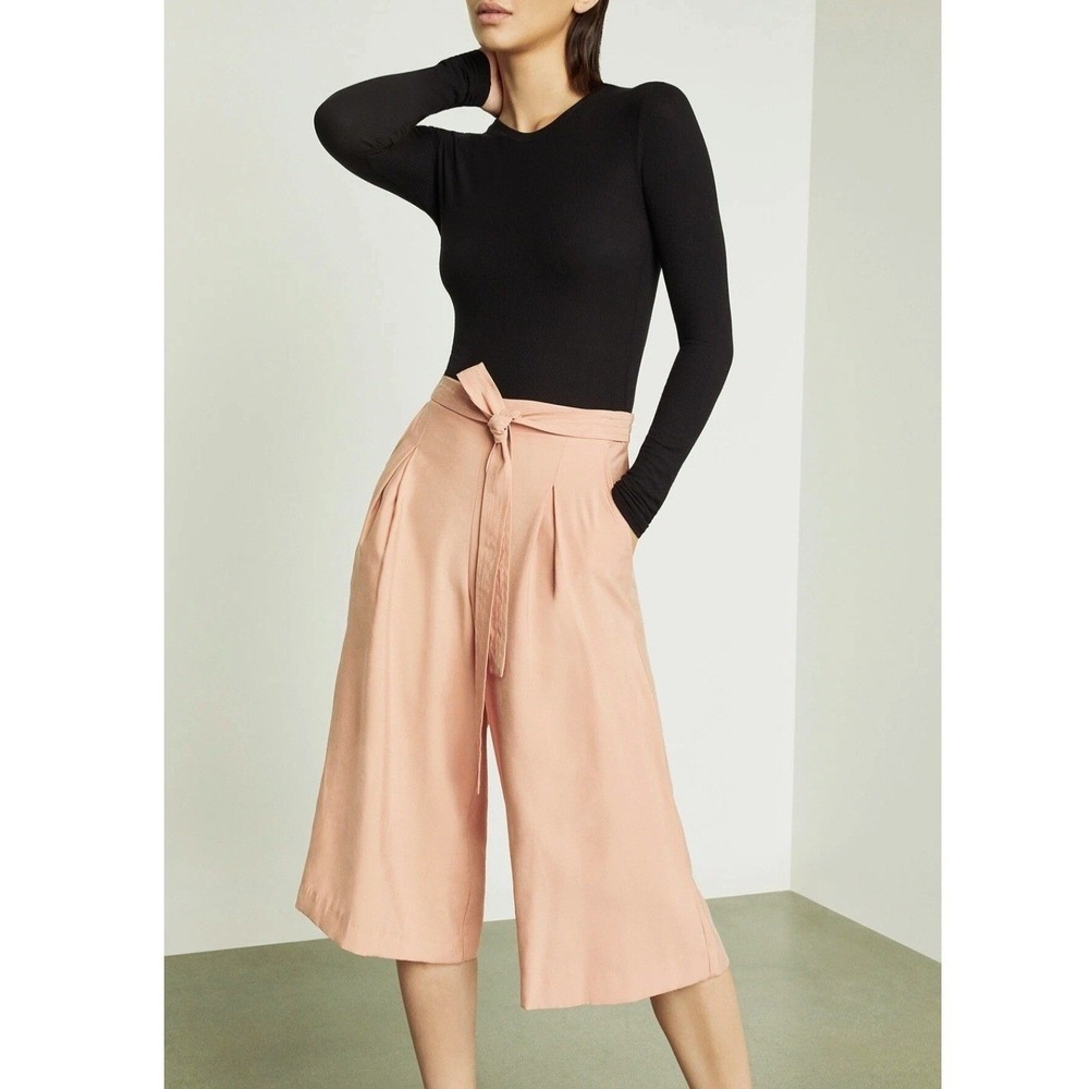 BCBGeneration Culottes Womens S Tan Wide Leg Side Button Tie Waist Cropped Pants